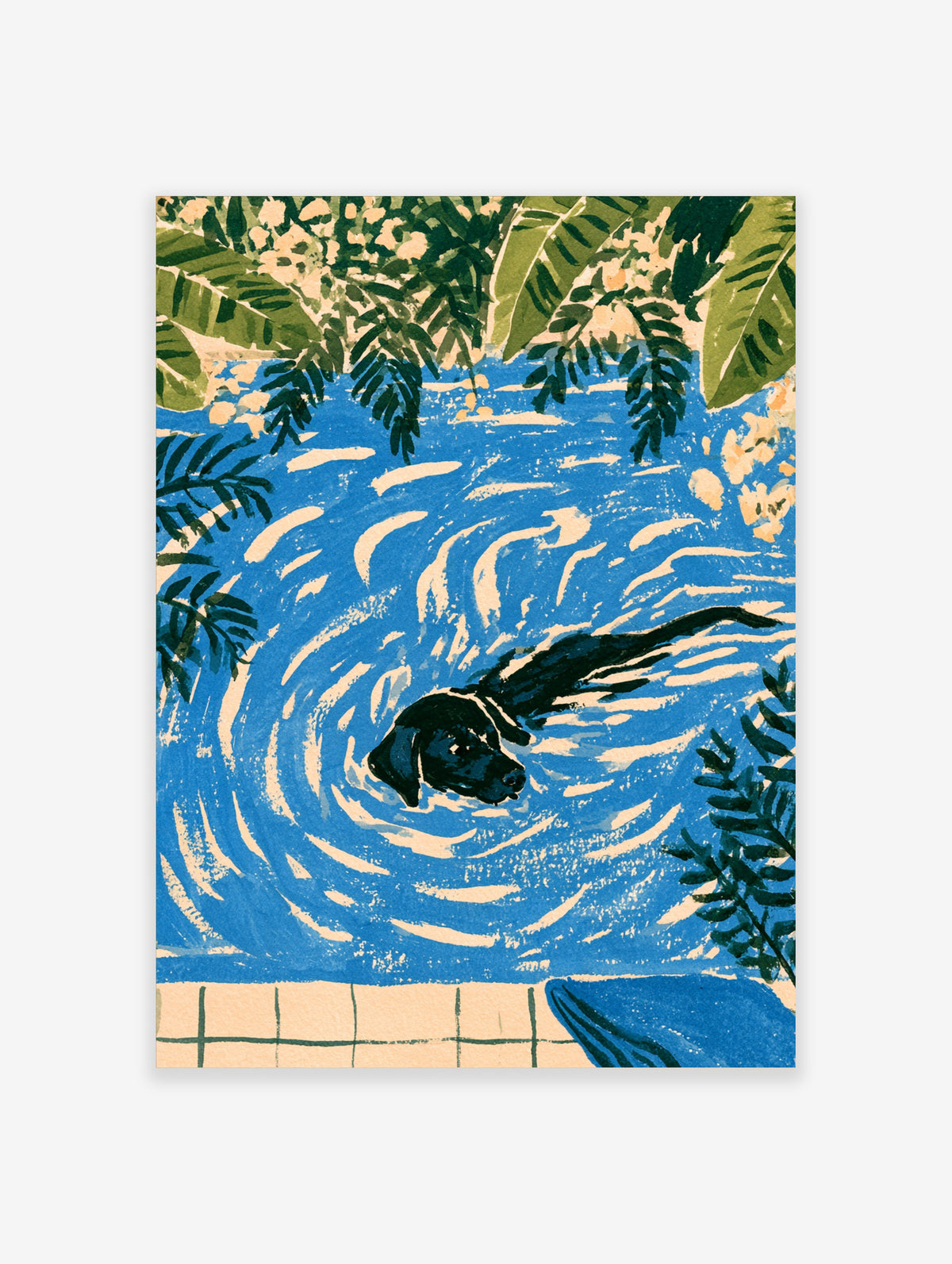 Black dog swimming in blue water with cream ripples and green tropical leaves above, colourful animal art print