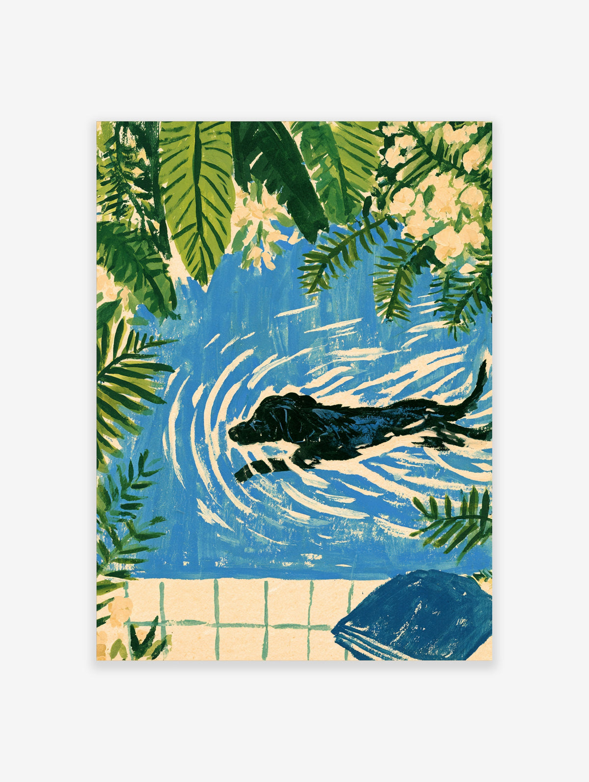 Black dog swimming in blue pool with tropical leaves and cream flowers, paper print