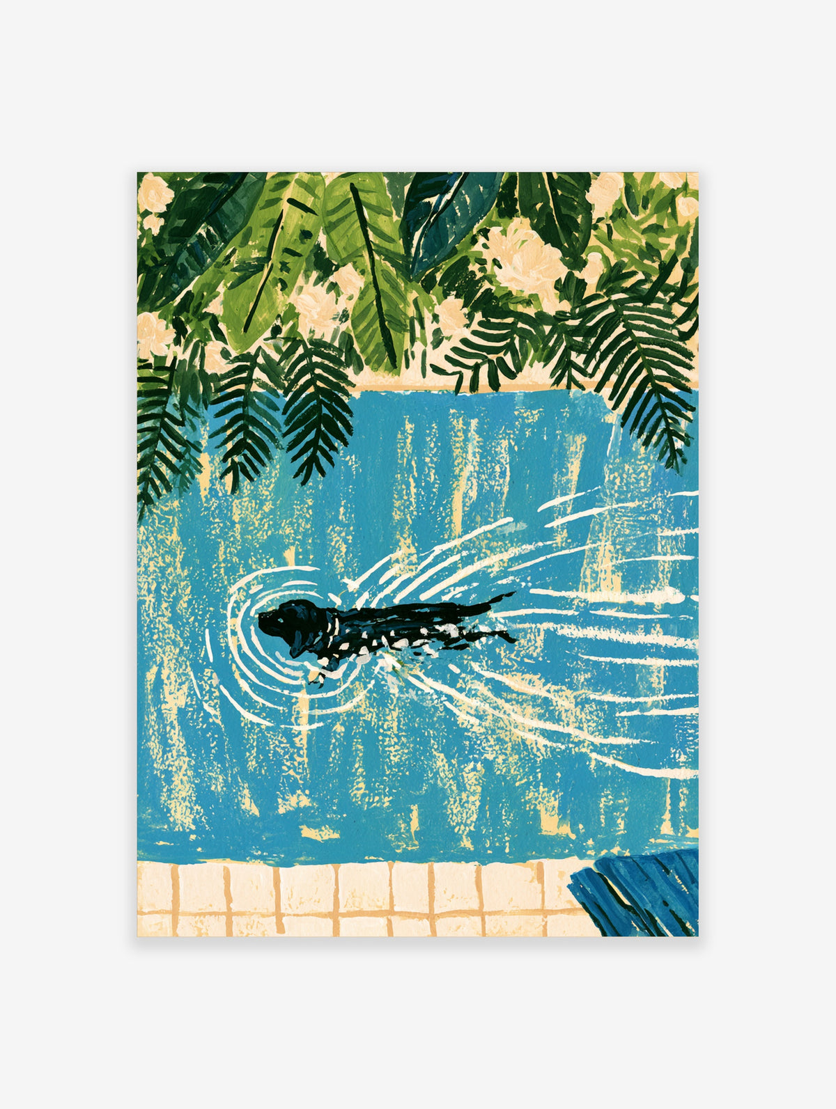 Black dog swimming in a blue pool with tropical leaves and cream flowers, illustrative art print