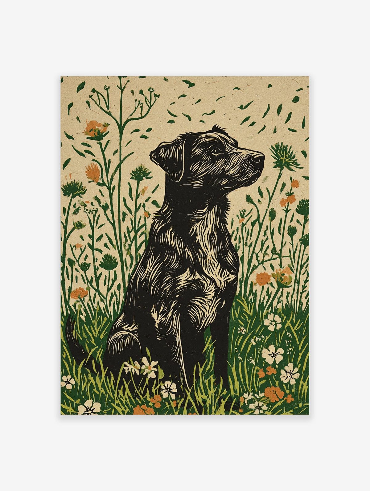 Black shaggy dog in linocut style sitting in a green and orange wildflower meadow art print