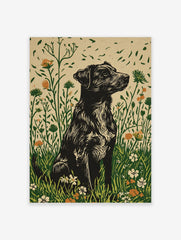 Black shaggy dog in linocut style sitting in a green and orange wildflower meadow art print