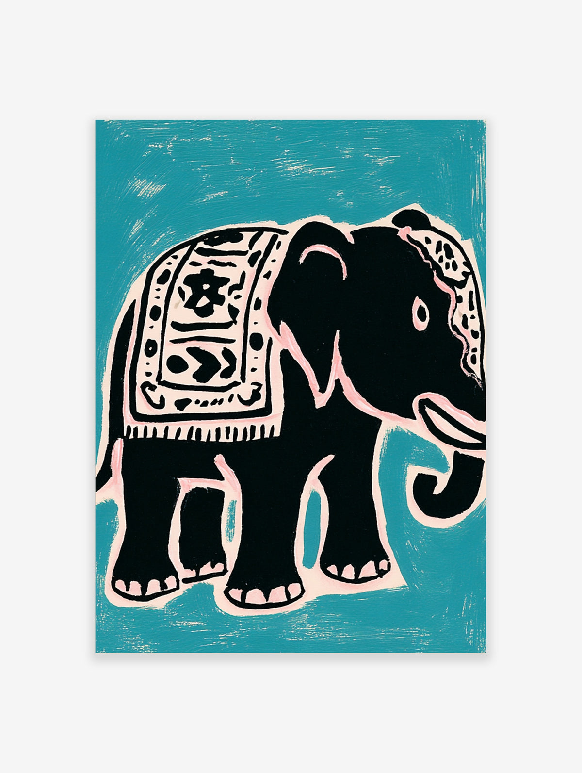 Black elephant with patterned blanket on teal background, animal art print