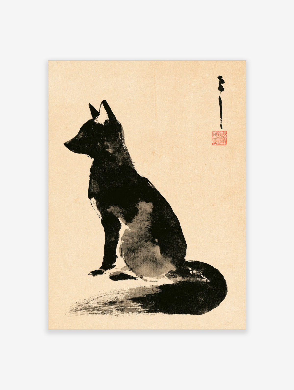 Black fox ink wash art print seated in profile with red seal on beige background