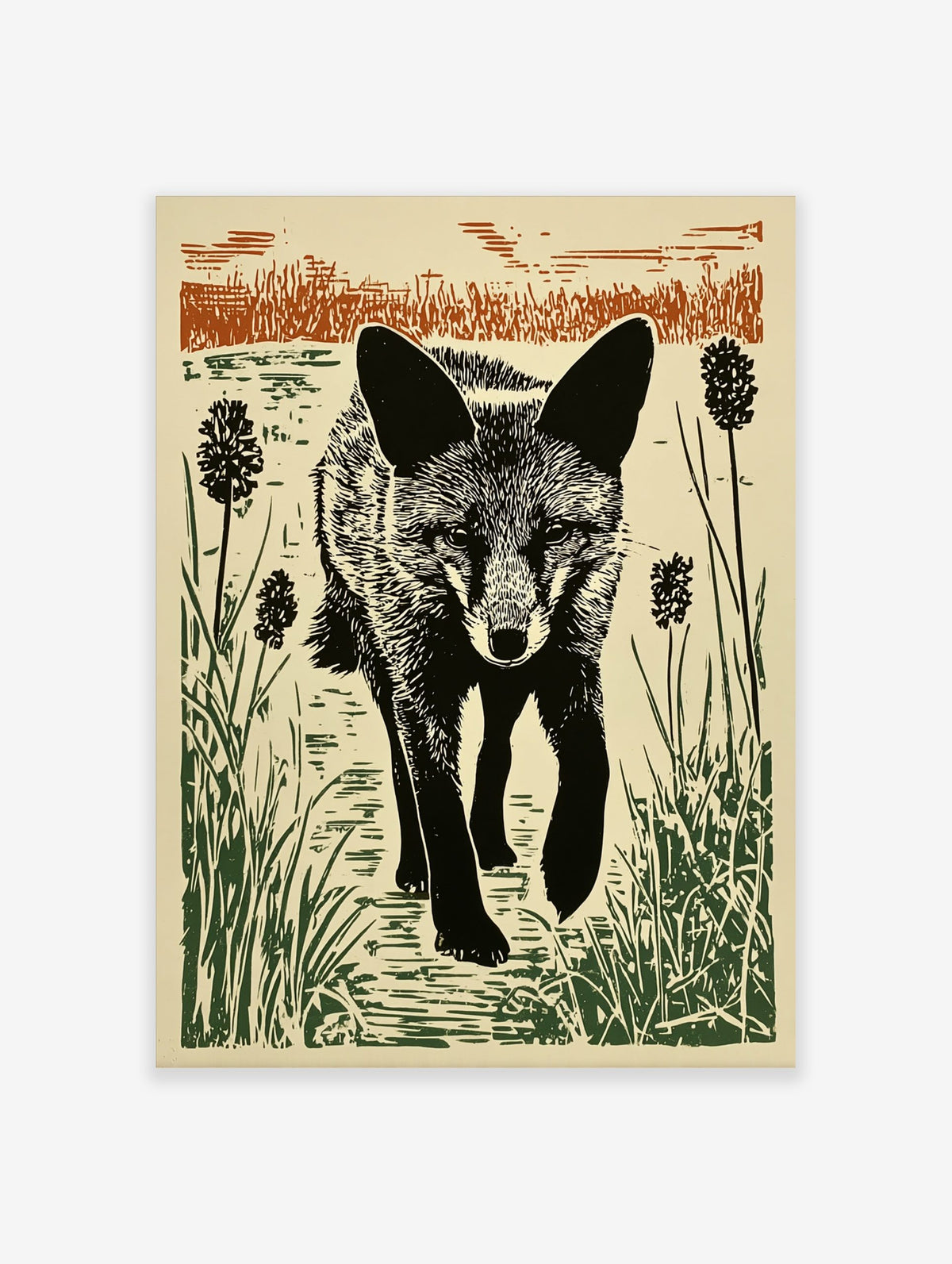 Black fox linocut print walking through green and brown reeds with an intense gaze, illustrative style