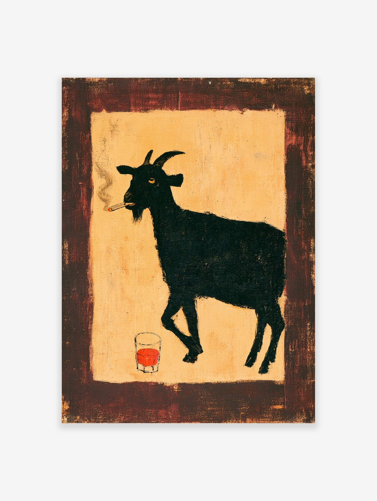 Black goat smoking a cigarette with red drink on tan background, dark border