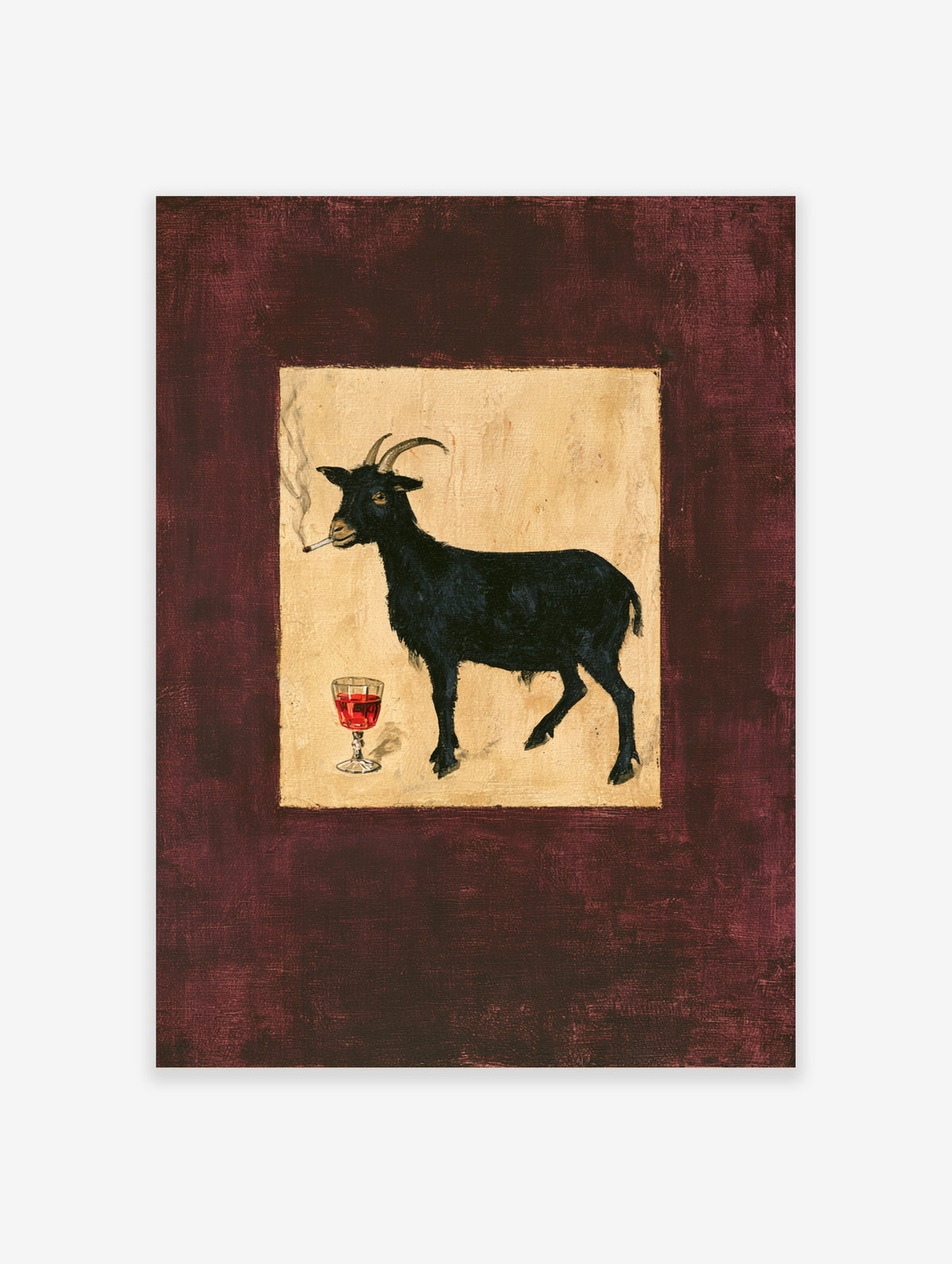 Black goat smoking a cigarette beside a glass of red wine on a gold background poster