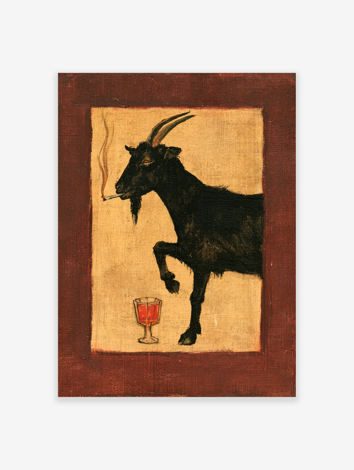 Black goat smoking a cigarette beside a glass of red wine on ochre background