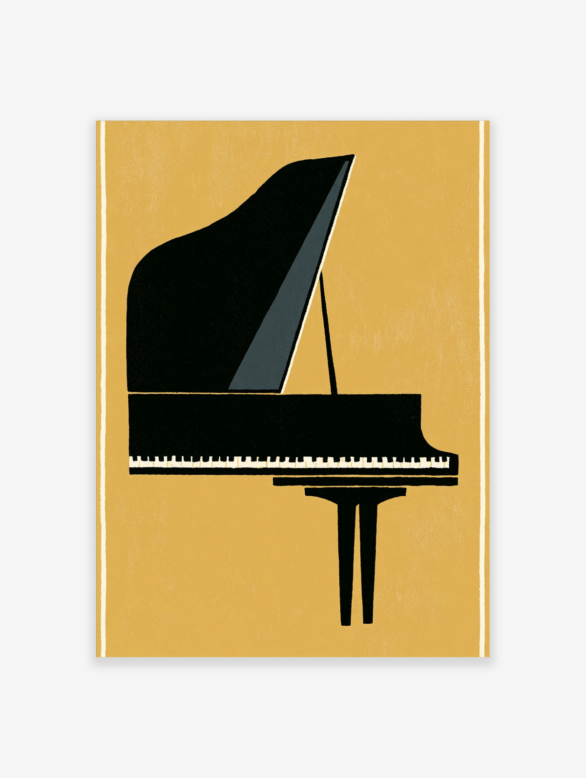 Black grand piano with open lid and white keys on mustard yellow background, minimalist music poster