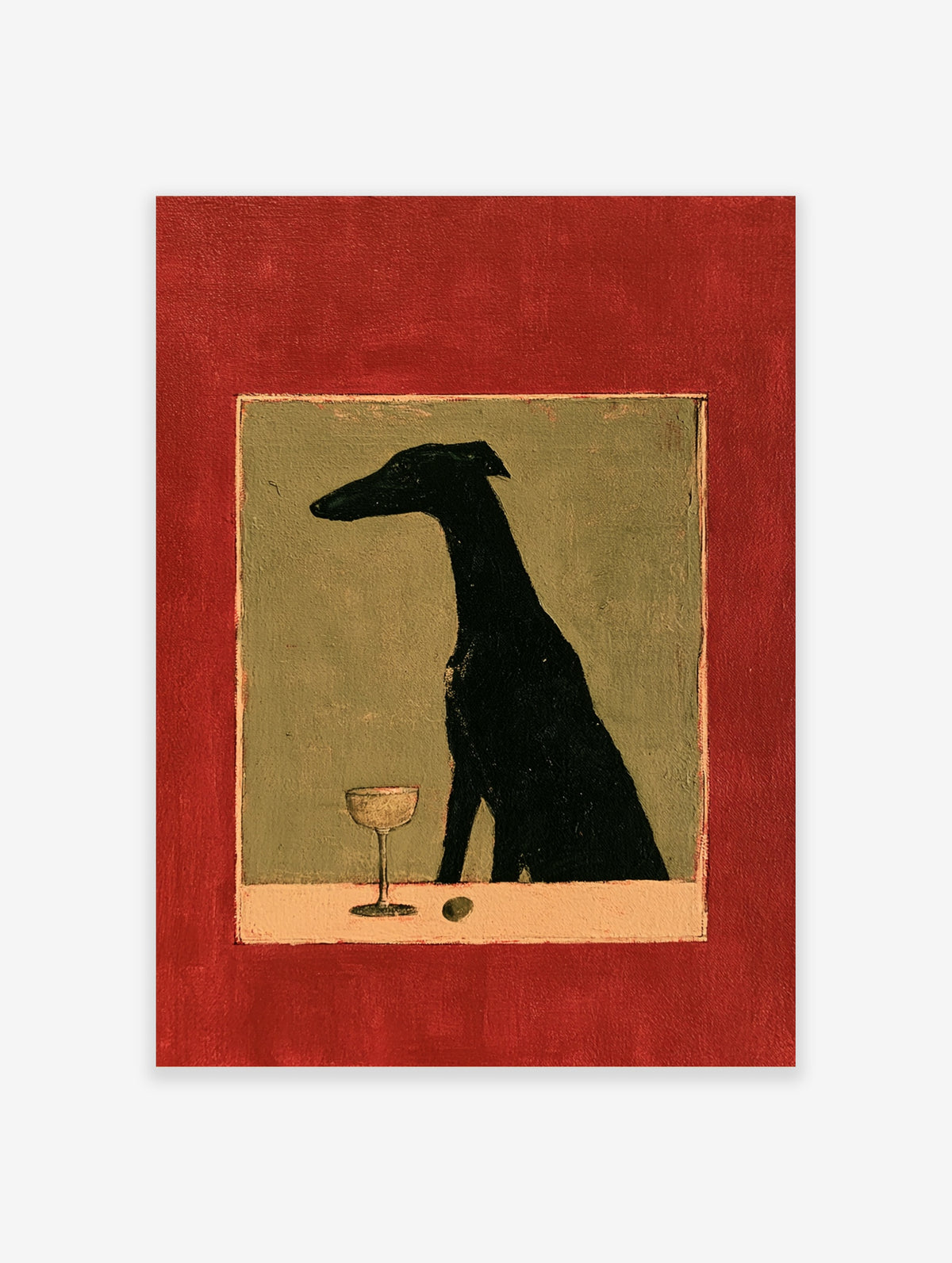 Black greyhound silhouette poster with wine glass and olive on sage green background