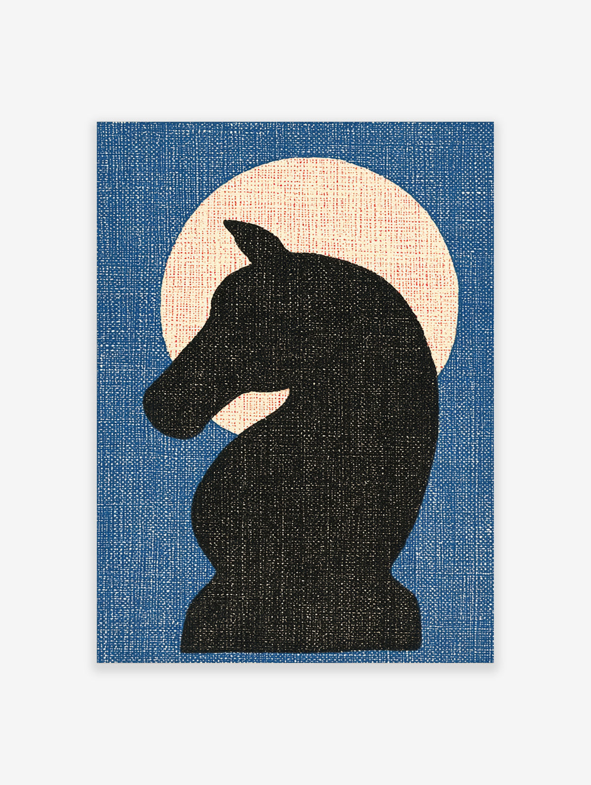 Black horse head silhouette poster with cream circle on blue textured background