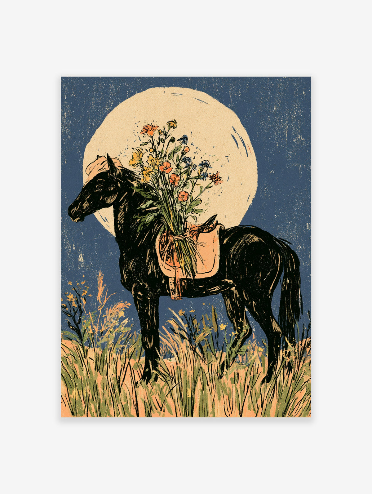 Black horse art print with floral saddle and cream moon on navy background