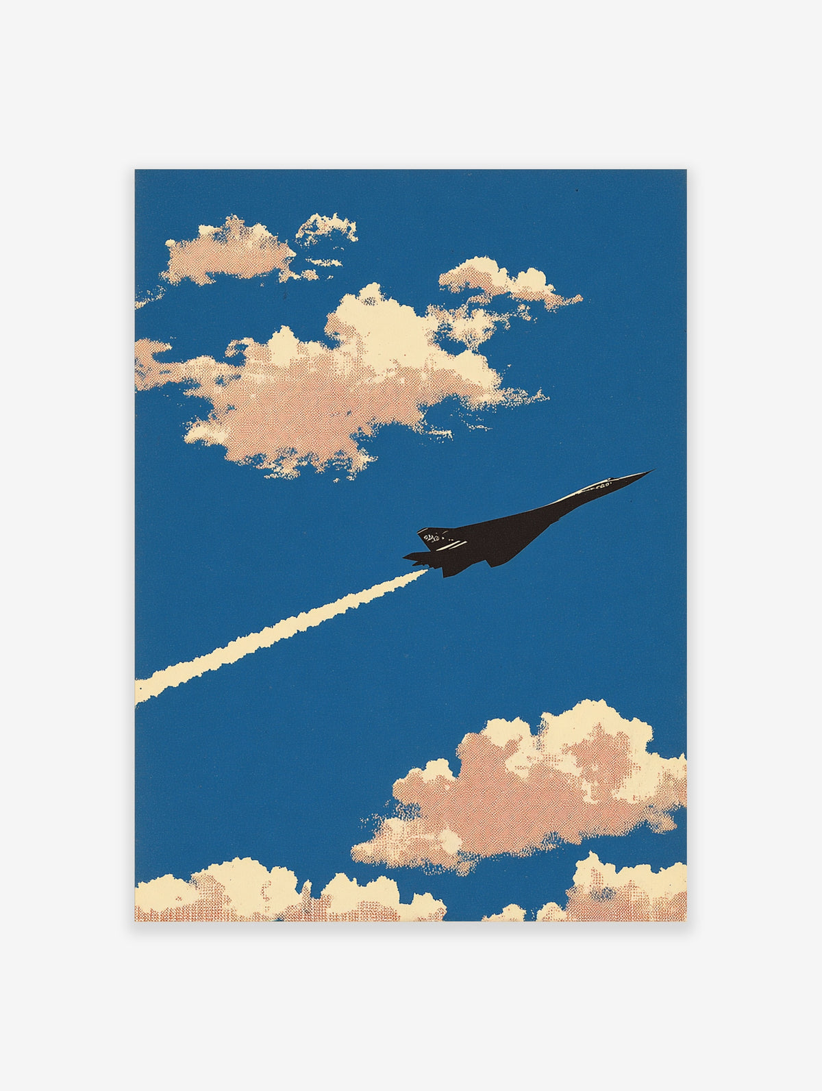 Black supersonic jet with white contrail flying across blue sky and cream halftone clouds poster