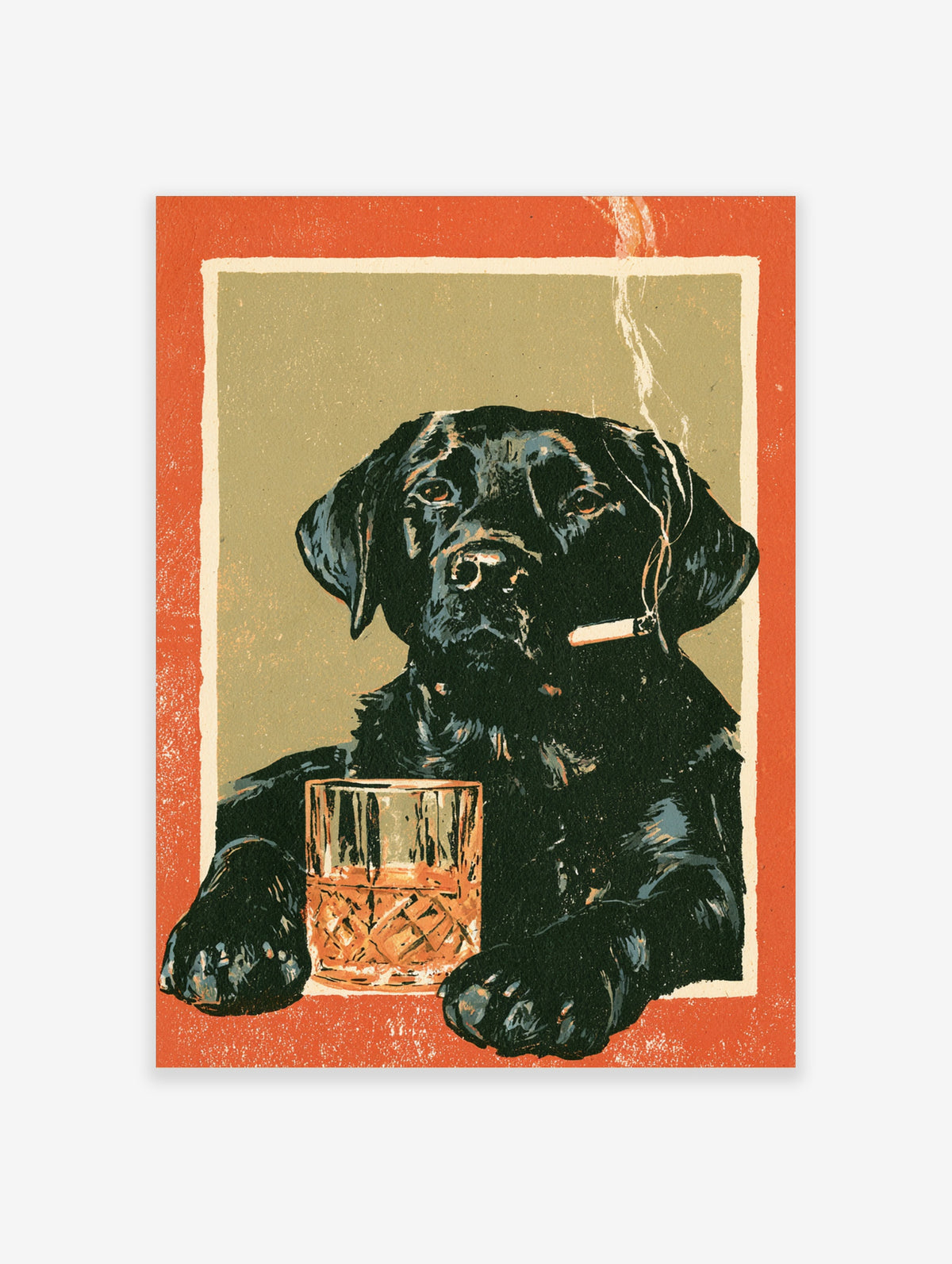 Black Labrador poster with cigar and whiskey glass on khaki background with orange border