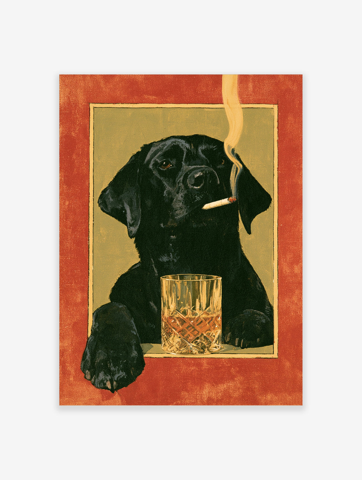 Black Labrador poster with cigar and cut-glass tumbler on red and olive background