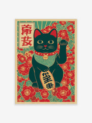Black Maneki-neko lucky cat print with raised paw, holding a gold coin, against red floral and teal wave background