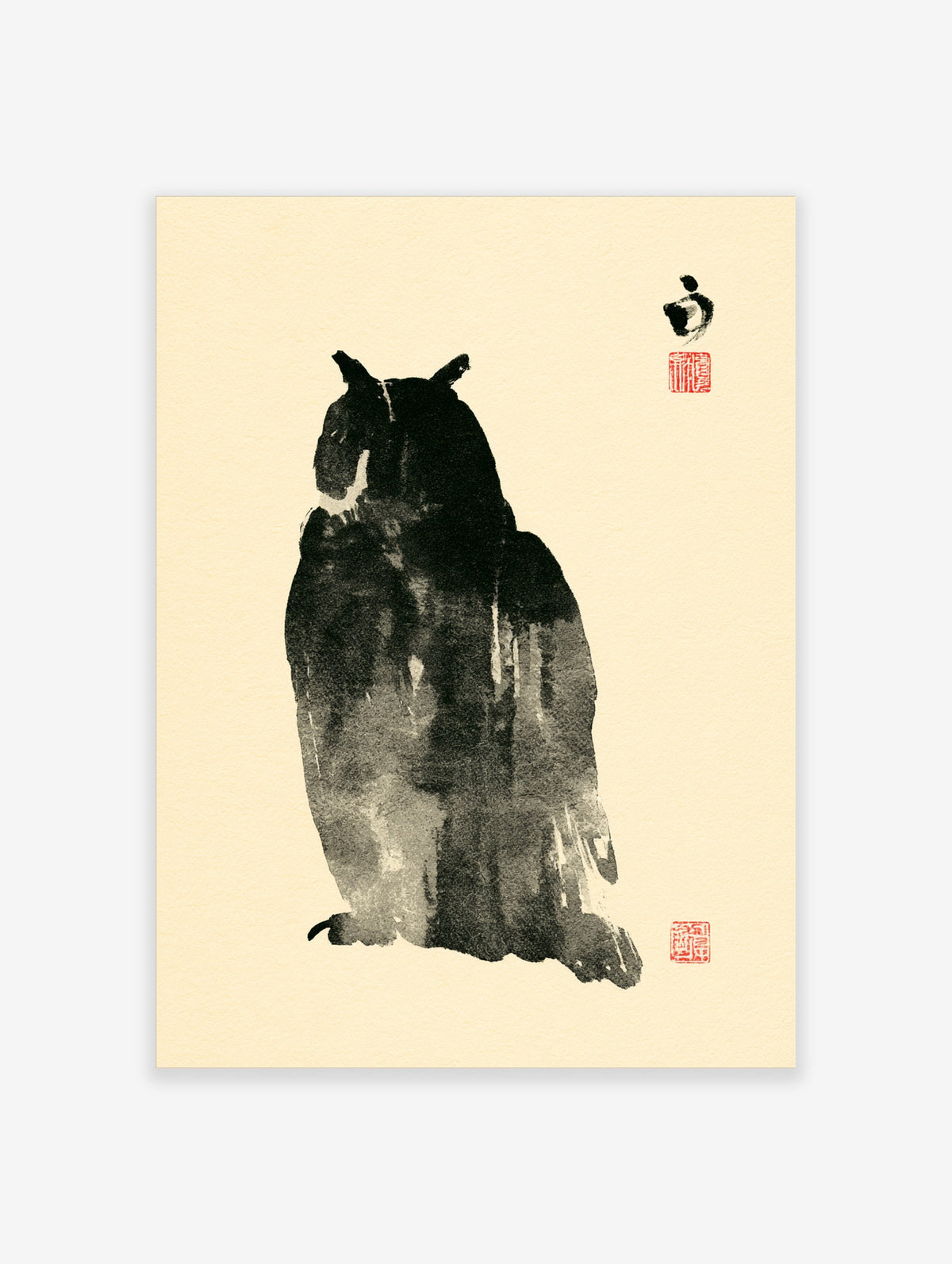 Black ink-wash owl poster with red seal on cream background