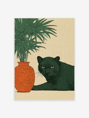Illustrative black panther lying next to an ornate orange vase and green plant on a beige background