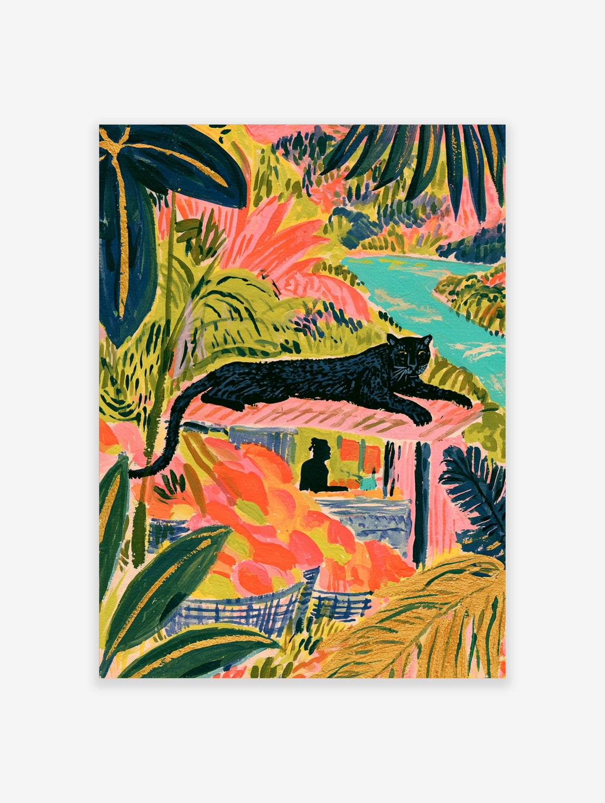 Black panther on pink branch above turquoise river, tropical foliage and silhouetted figure, colourful animal art print