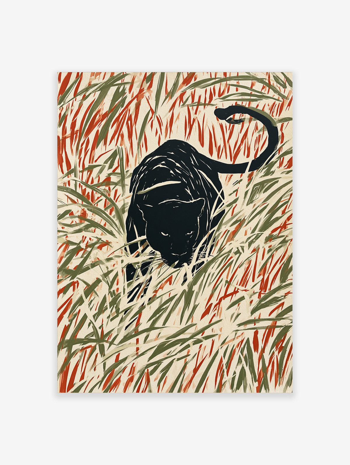 Black panther crouching in tall red and green grass, animal poster art print