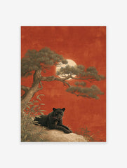 Black panther wall art illustration with a panther on a rock under a pine tree and a red moon in a Japanese art style.
