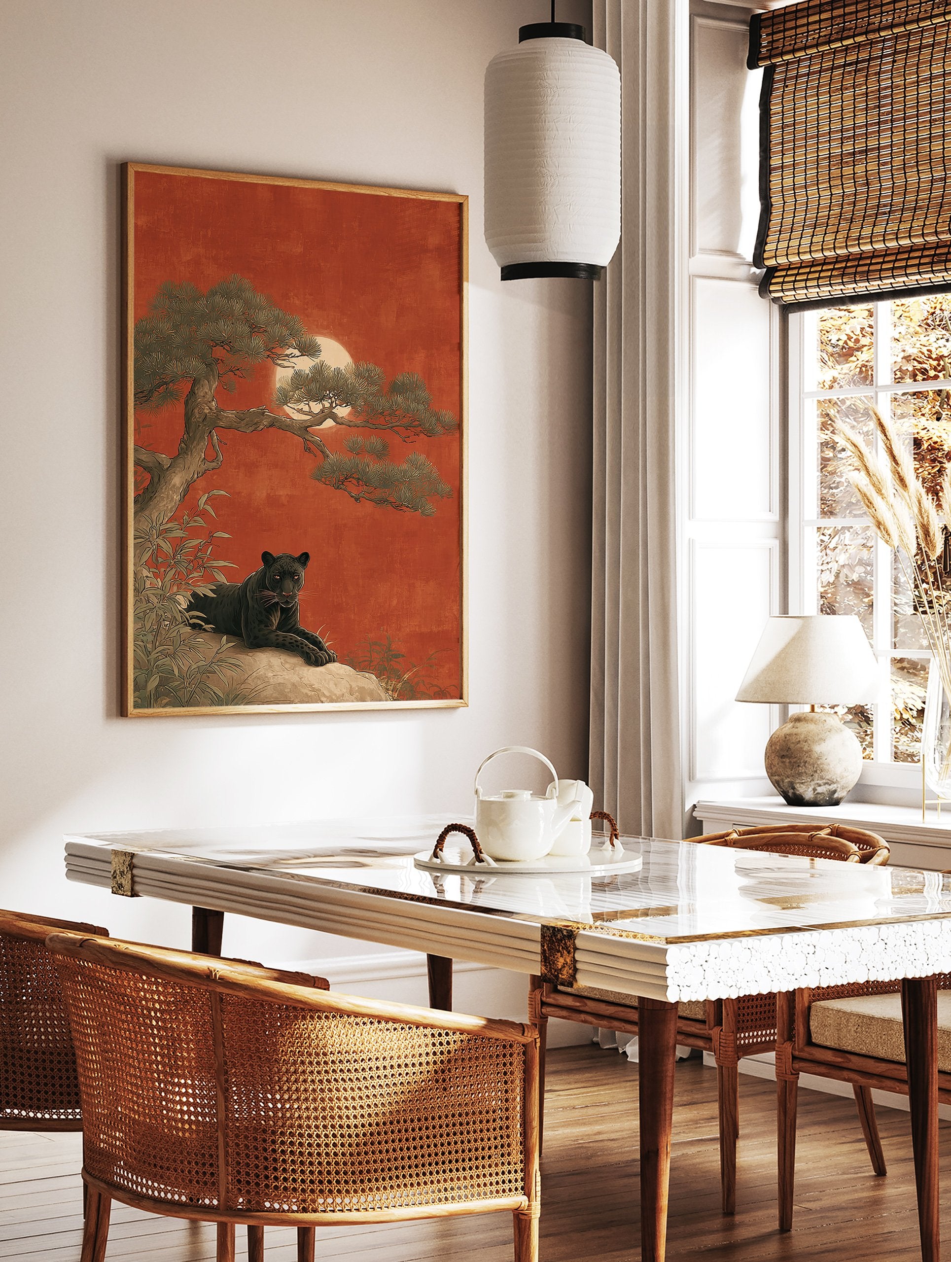 Black panther wall art illustration with a panther on a rock under a pine tree and a red moon in a Japanese art style. - Image 3