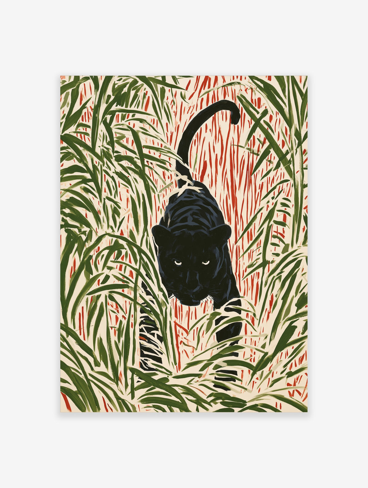 Black panther walking through green and red jungle leaves, vertical animal art print