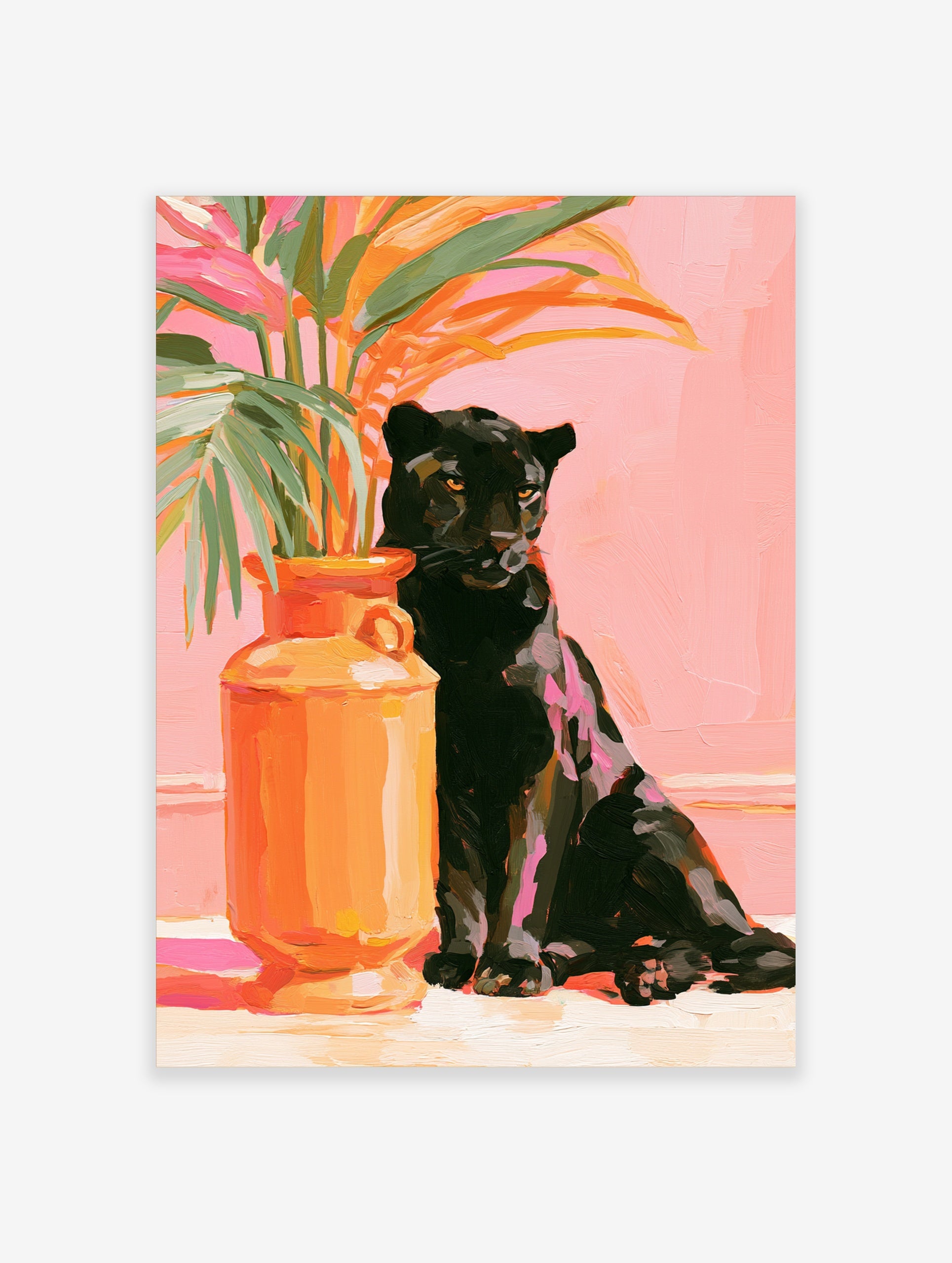 Painterly art print of a black panther sitting next to an orange vase with tropical leaves against a soft pink background