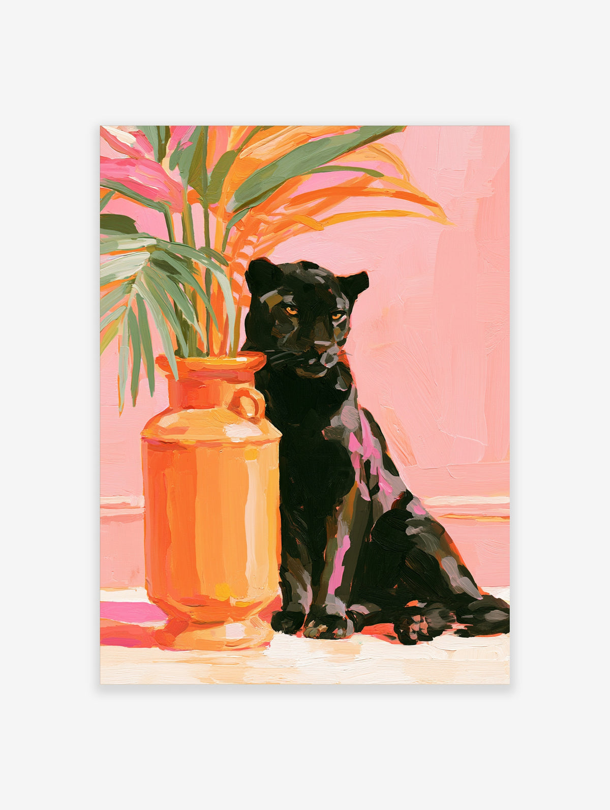 Painterly art print of a black panther sitting next to an orange vase with tropical leaves against a soft pink background