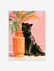 Painterly art print of a black panther sitting next to an orange vase with tropical leaves against a soft pink background