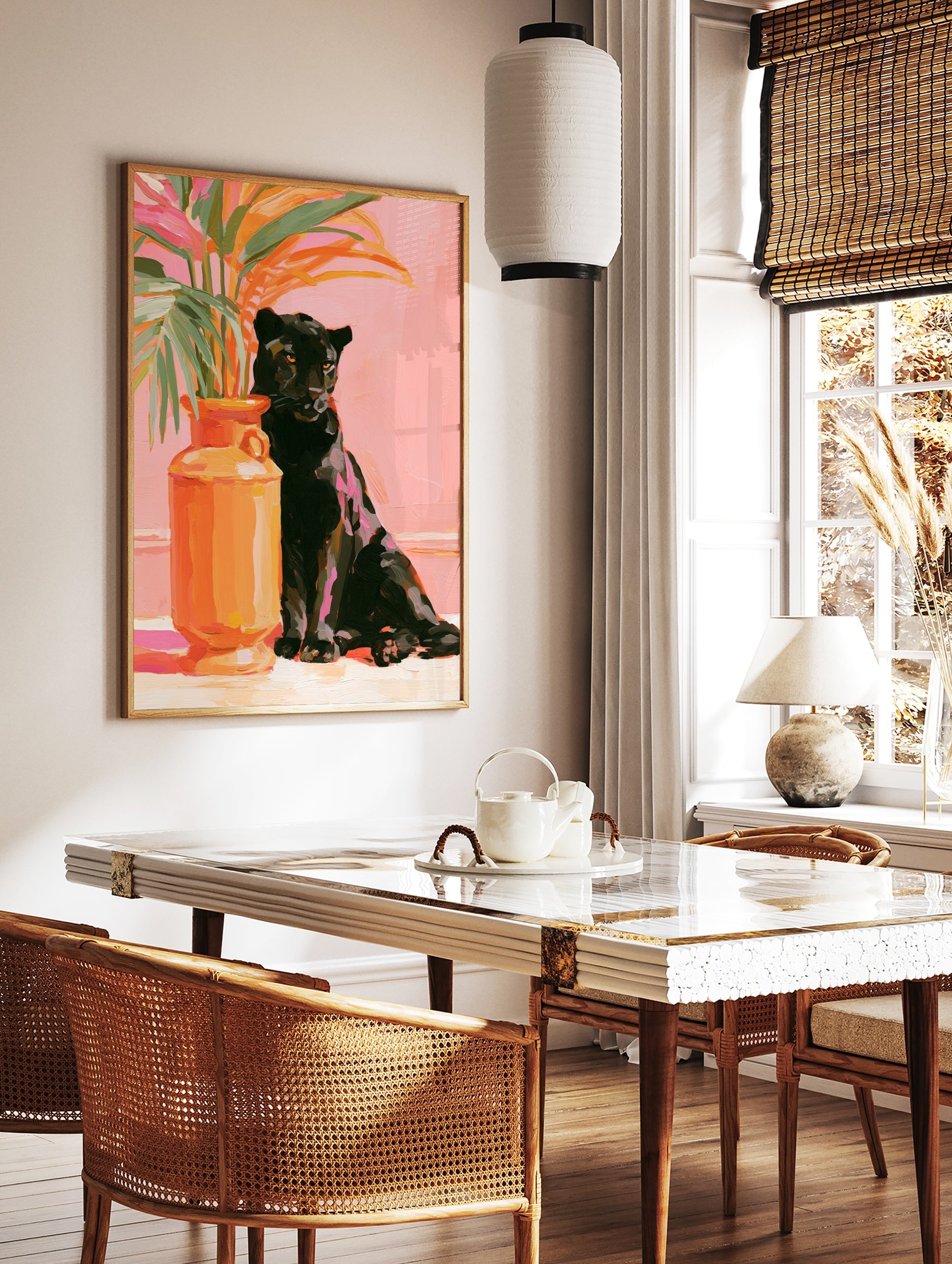 Painterly art print of a black panther sitting next to an orange vase with tropical leaves against, in a styled room mockup