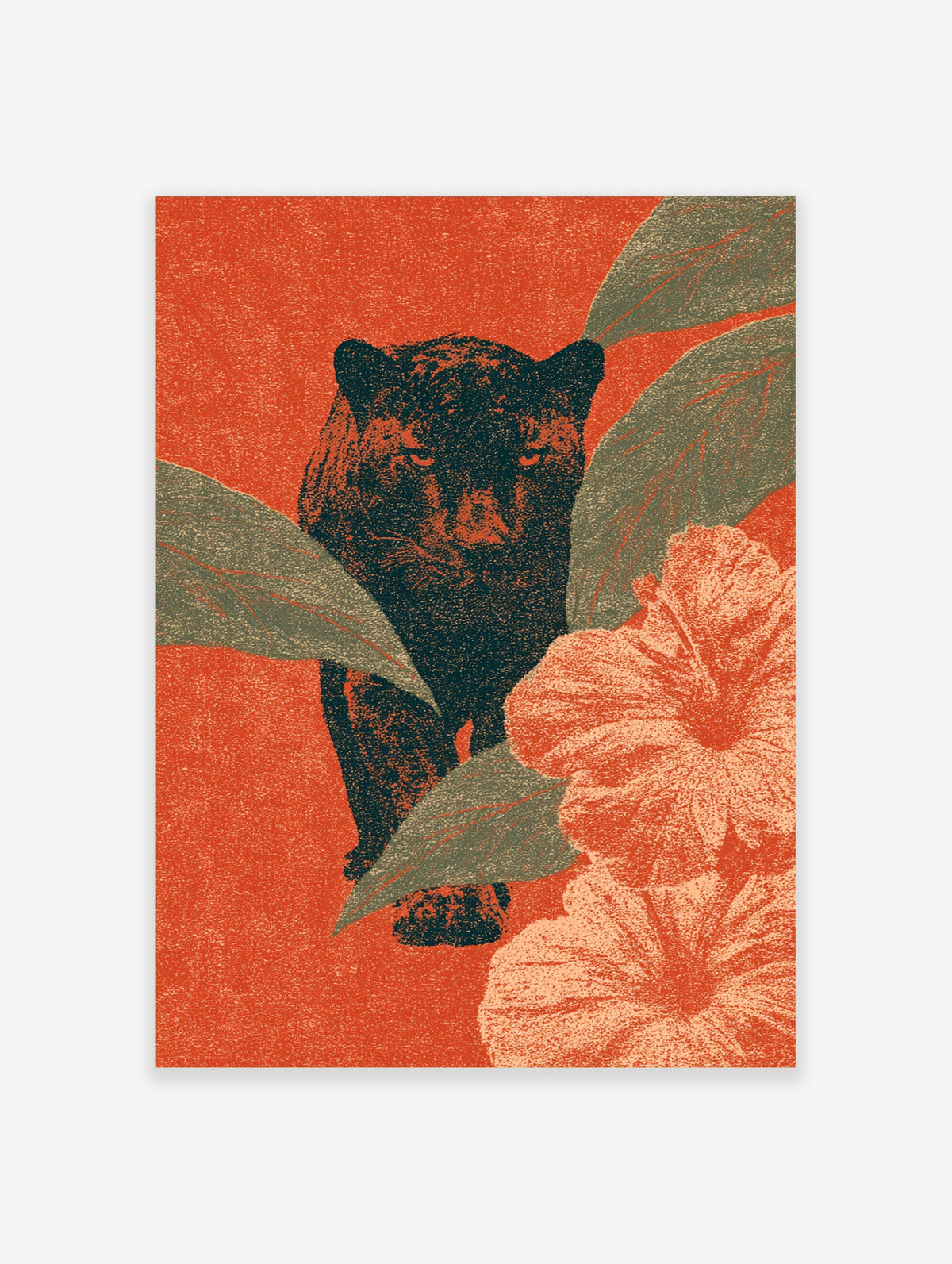 Black panther art print peering through tropical leaves and coral flowers on orange background