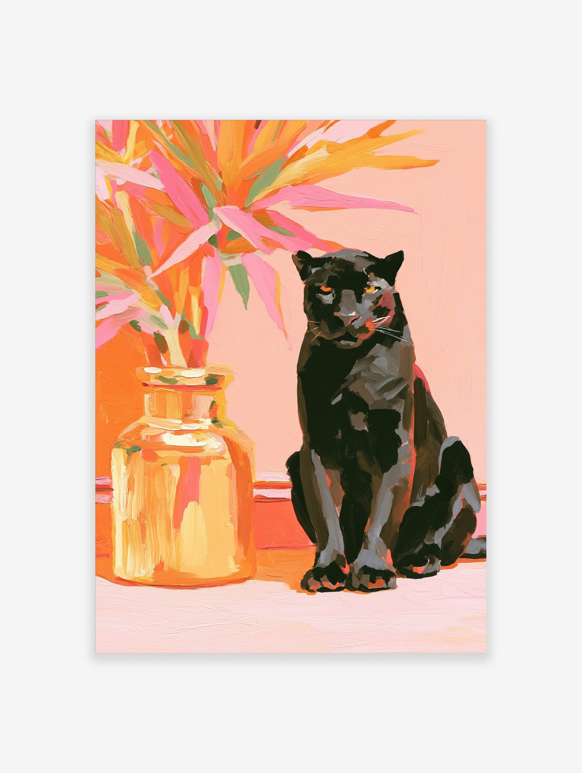 Black panther sitting beside a vase of vibrant orange and pink tropical leaves on a pink background, illustrative art print