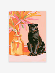 Black panther sitting beside a vase of vibrant orange and pink tropical leaves on a pink background, illustrative art print