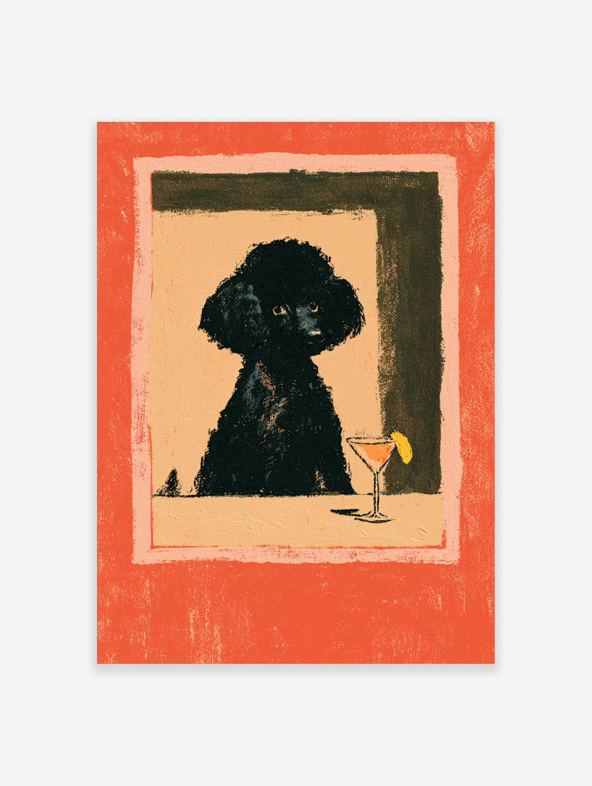 Black poodle sitting beside a cocktail glass with lemon twist on orange background art print