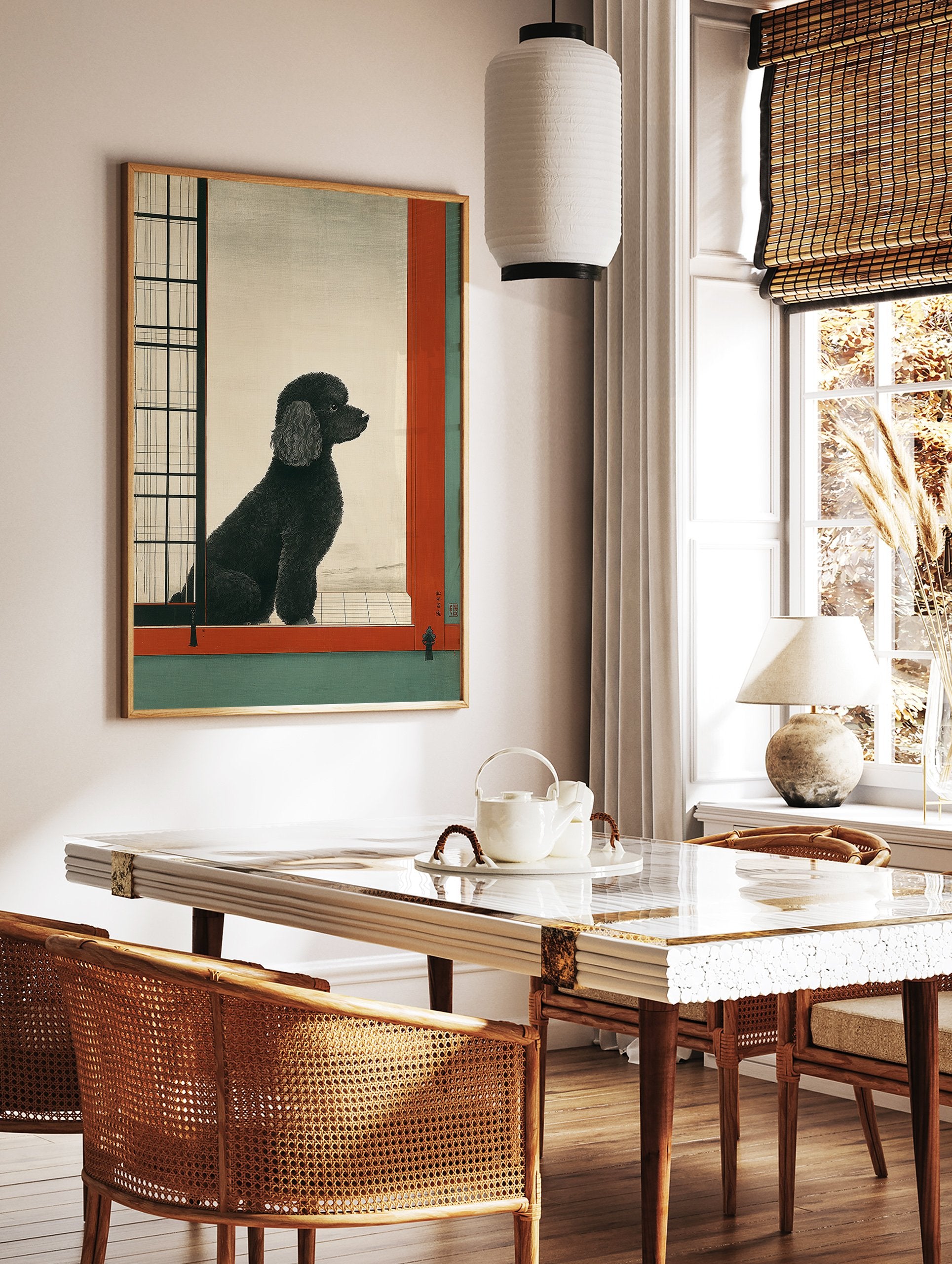 Black poodle sitting in a Japanese-style room with a shoji screen and red/green trim, looking out. - Image 2