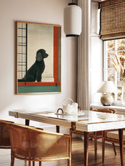 Black poodle sitting in a Japanese-style room with a shoji screen and red/green trim, looking out. - Image 2