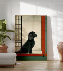 Black poodle sitting in a Japanese-style room with a shoji screen and red/green trim, looking out. - Image 3