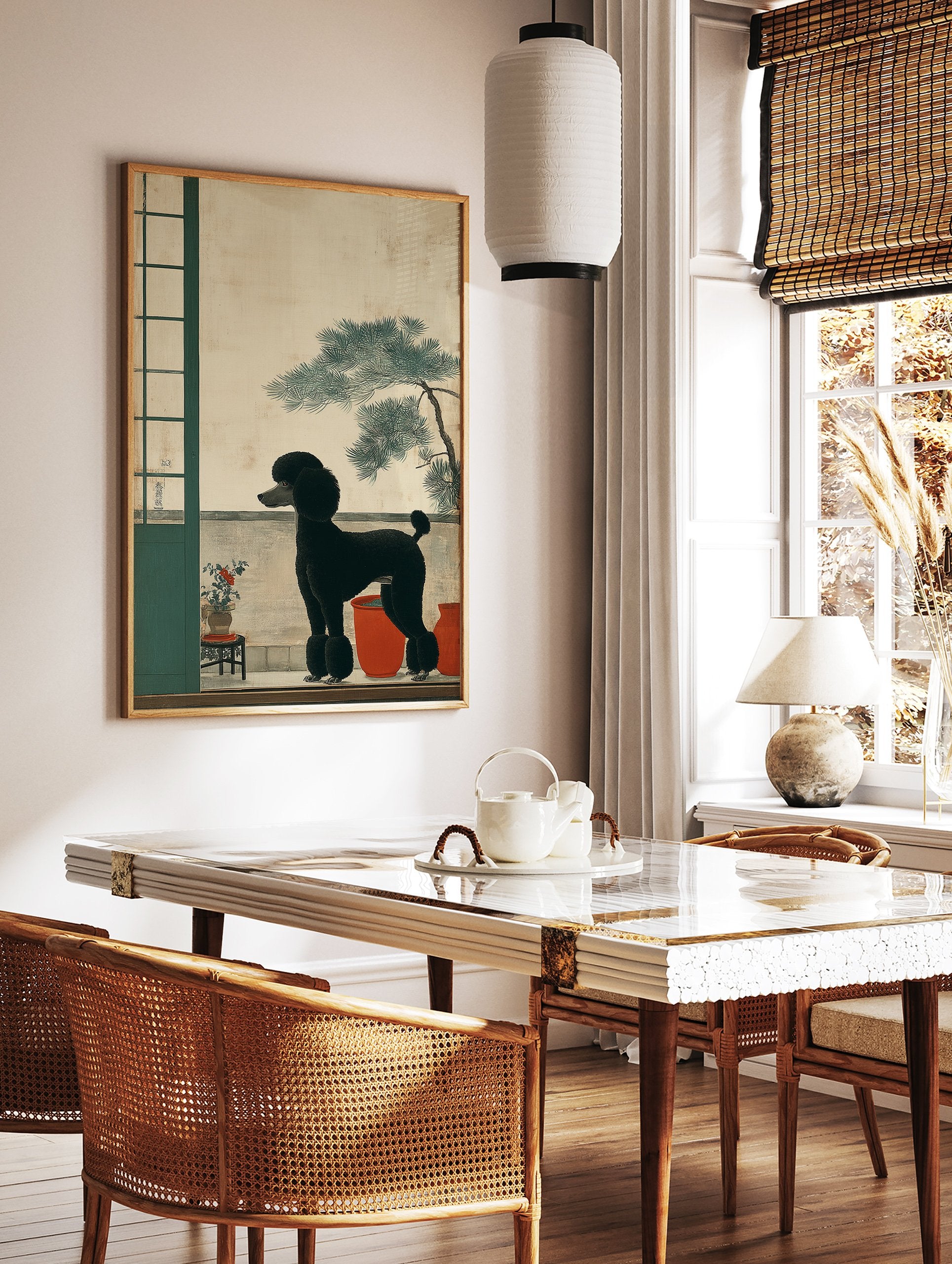 Black poodle wall art standing on a balcony with a green screen, red pots, and a pine tree in a Japanese art style. - Image 2
