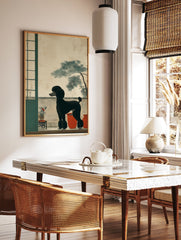 Black poodle wall art standing on a balcony with a green screen, red pots, and a pine tree in a Japanese art style. - Image 2