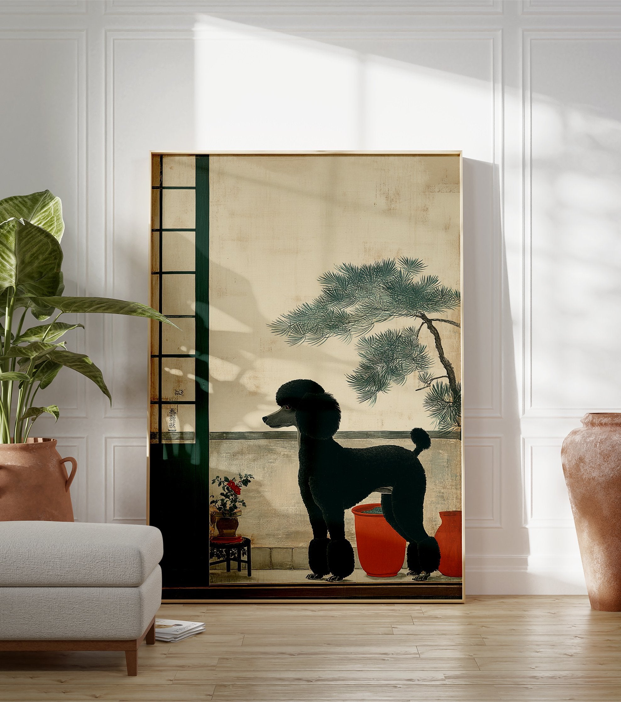 Black poodle wall art standing on a balcony with a green screen, red pots, and a pine tree in a Japanese art style. - Image 3