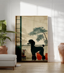 Black poodle wall art standing on a balcony with a green screen, red pots, and a pine tree in a Japanese art style. - Image 3