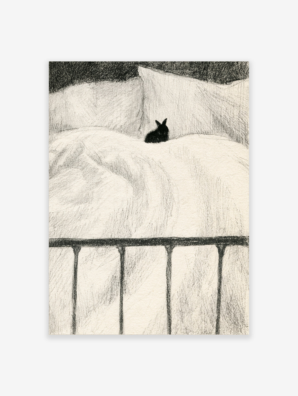Black rabbit sitting in a bed with white pillows and a dark metal frame, monochrome animal art print