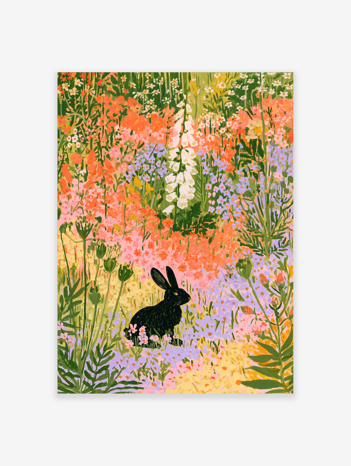 Black rabbit sitting among pink, orange and lilac wildflowers with white foxgloves in a meadow illustration