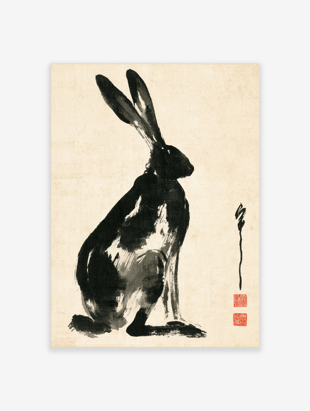 Black rabbit ink print in sumi-e style with red seal marks on cream paper