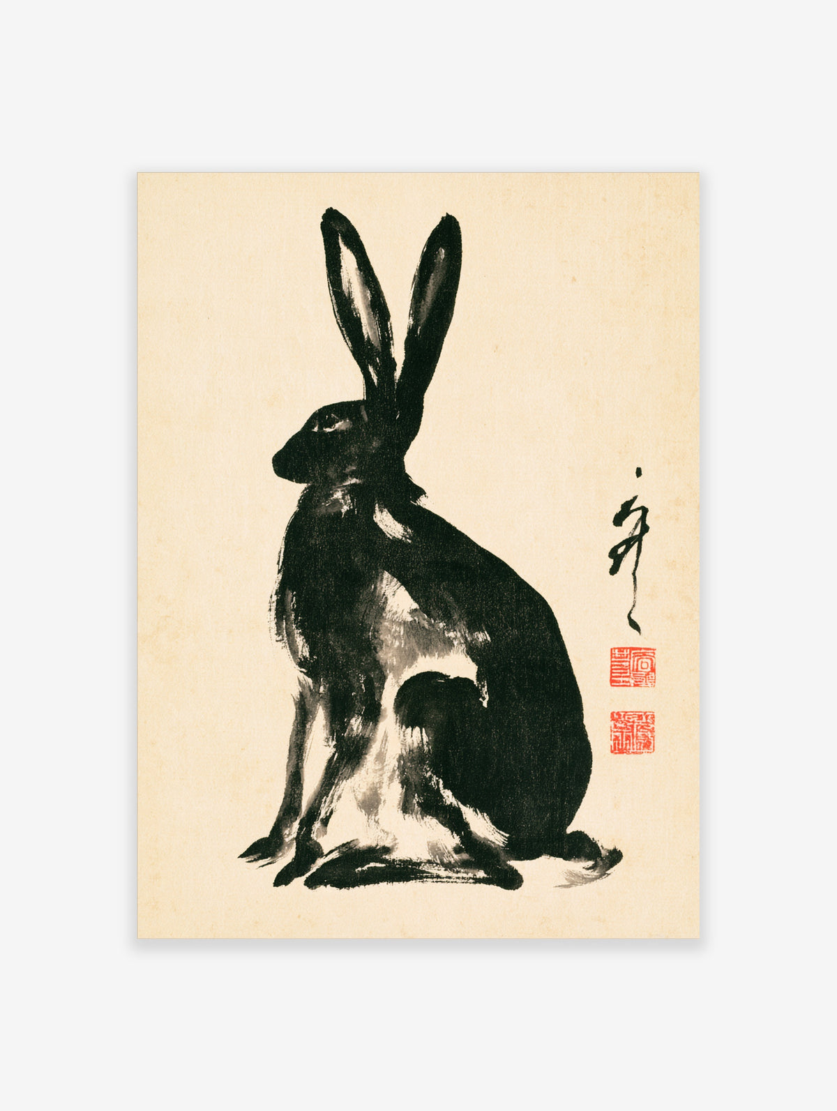 Black rabbit sumi-e ink brush art print on beige paper with red seals