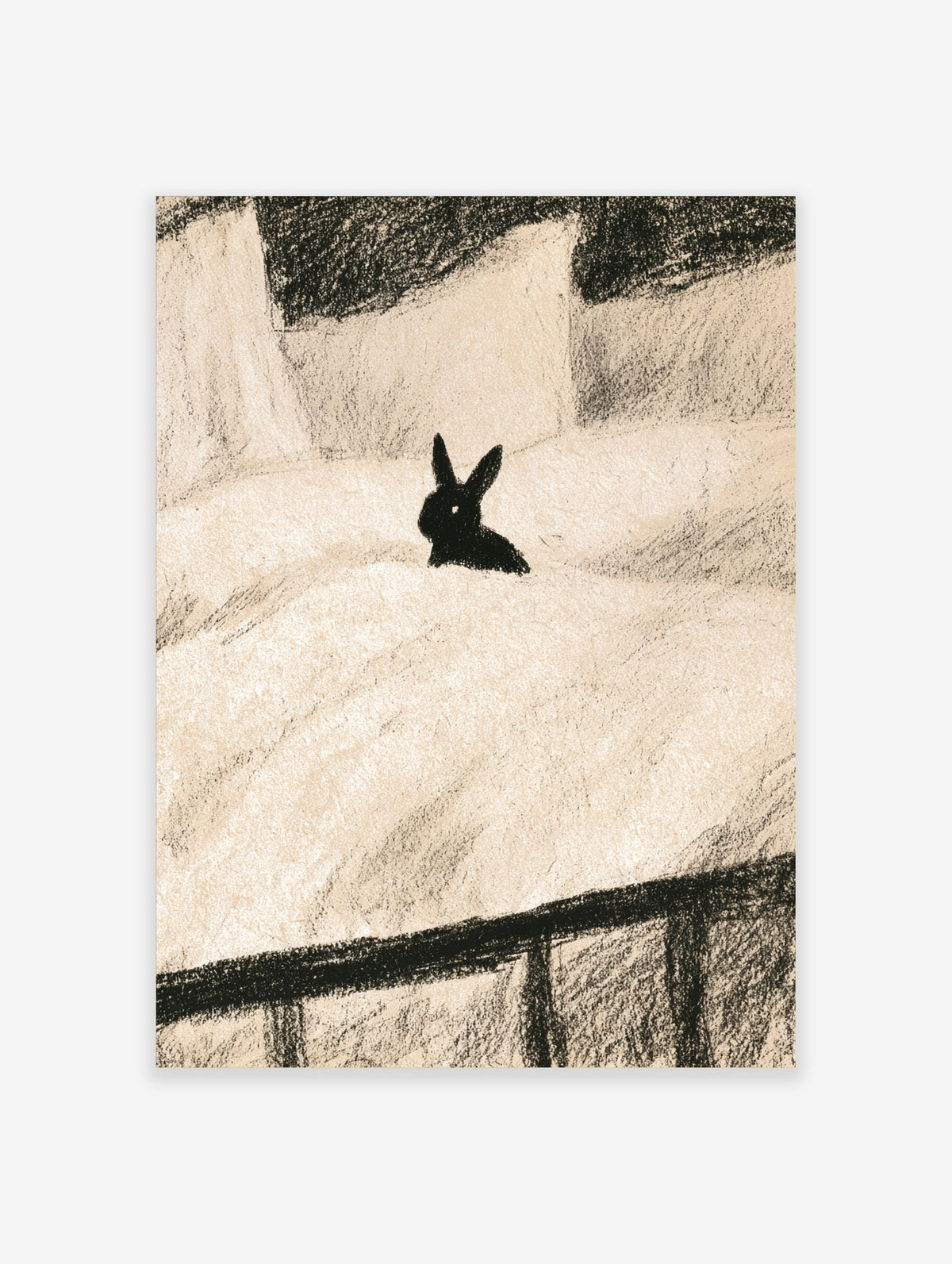 Black rabbit silhouette on textured beige background with dark railing detail, minimalist animal poster