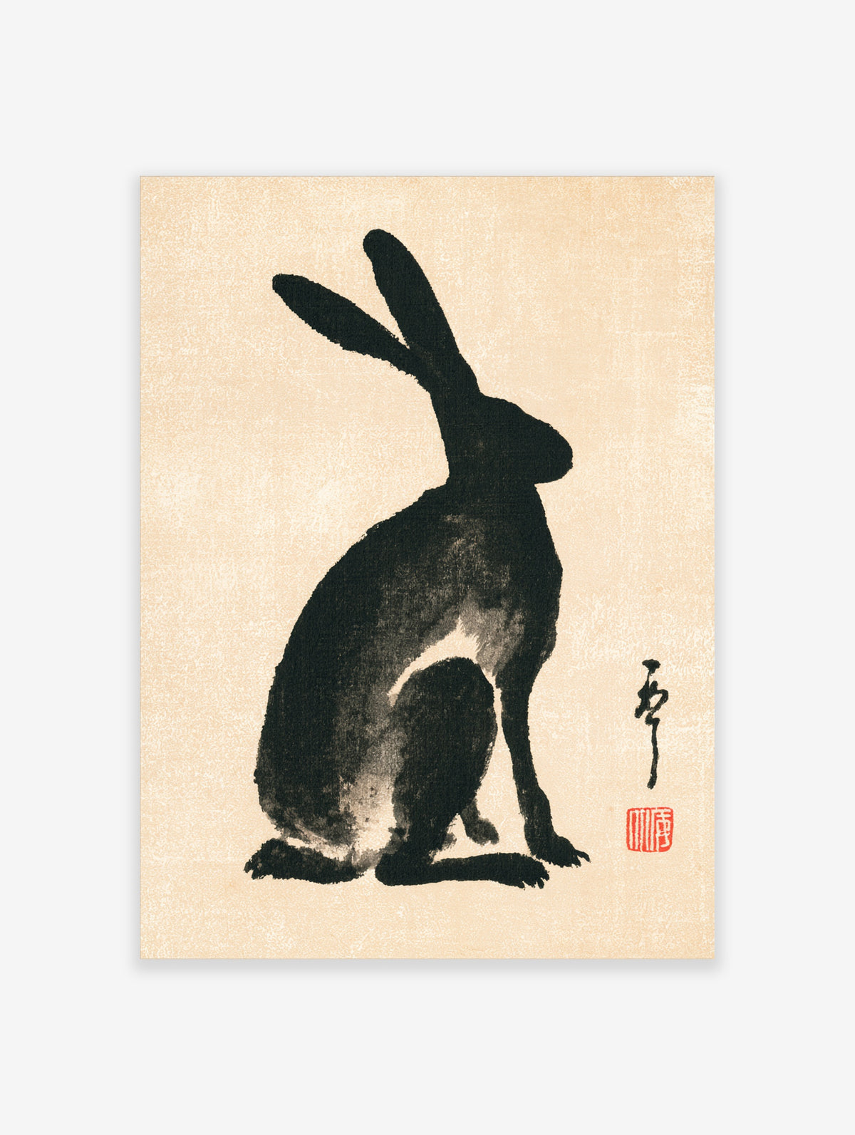 Black rabbit ink wash art print with tall ears on cream background