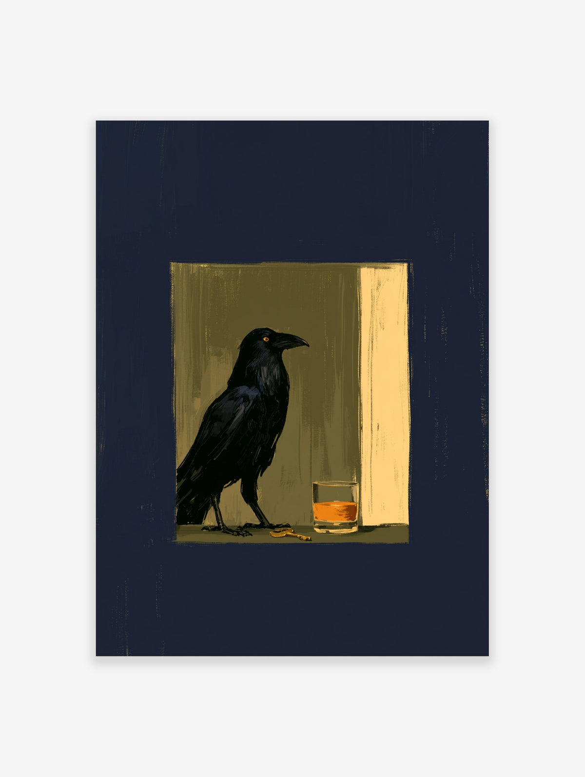 Black raven standing beside a whisky glass and gold key on an olive background art print