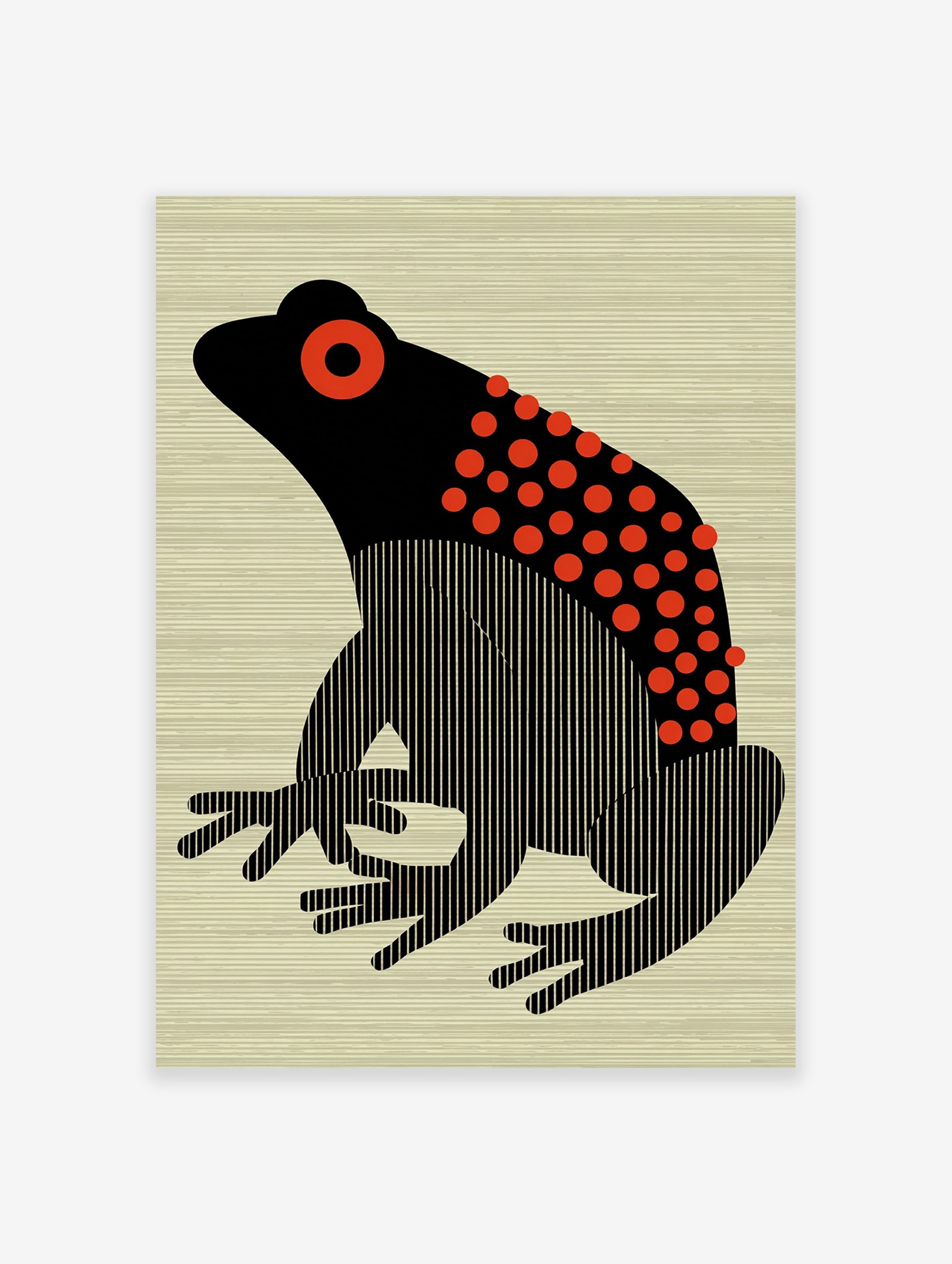 Black and red frog poster with stylized body, red polka dots, and vertical stripes, on a light beige striped background.