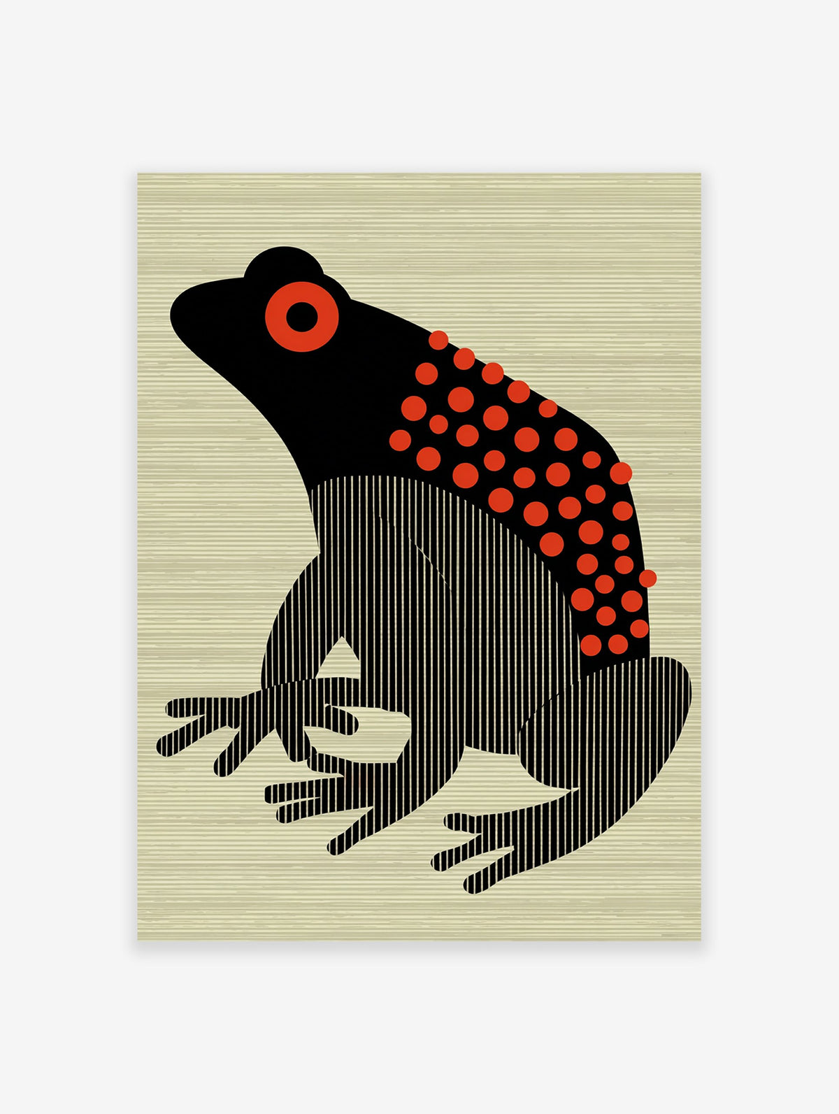 Black and red frog poster with stylized body, red polka dots, and vertical stripes, on a light beige striped background.